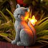 Handmade Stone Texture Decor Solar Cat Garden Statue, Cute Sculpture with Butterfly Light, Weather Resistant Yard Art Waterproof Resin Animal