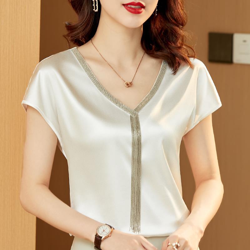 HNXC Summer Heavy Industry Tassel Satin Innerwear and Outerwear Base Layer Short-sleeved T-shirt Top Women V-neck