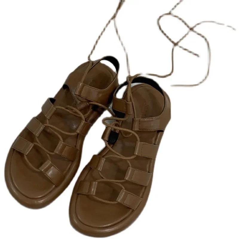 

Fashion Women s Flat Sandals -band Straps Solid Ankle Lace Shoes Women Dress Retro Rome Classic Summer Leisure Sandalias De Mujer 40 коричневый