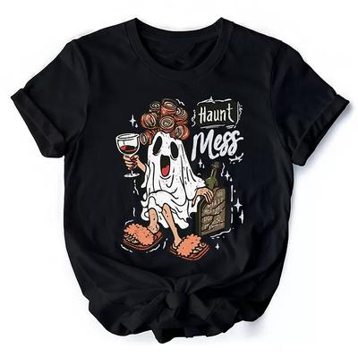 Haunt Mess Wine-Loving Ghost T-Shirt, Funny Halloween Tee with Spooky Ghost