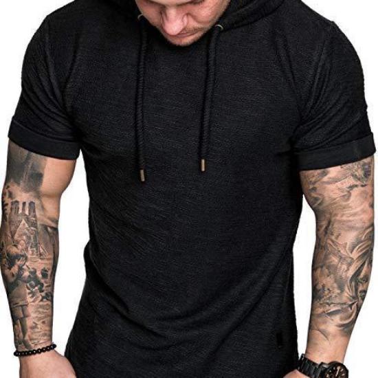 Мужская летняя однотонная футболка с коротким рукавом, модная повседневная футболка с капюшоном M чёрный