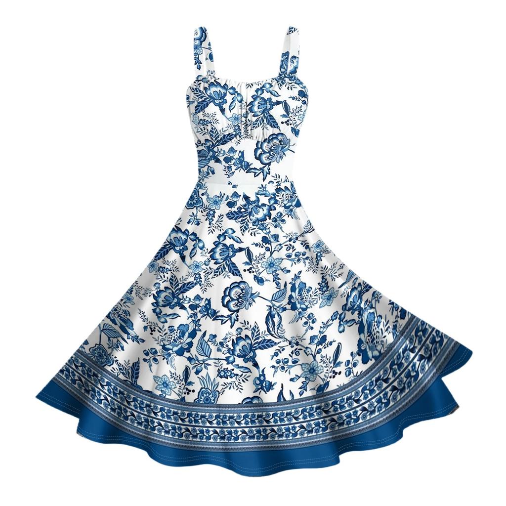 Damen Vintage Ärmellos Plissiert Patchwork Niedlich A-Linien Saum Blumendruck Kleider