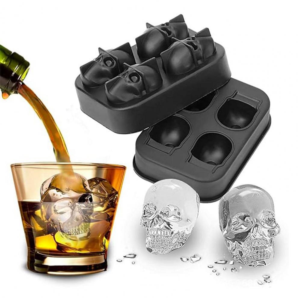 4/6Grids Skull Ice Ball Mold Silicone Ice Tray For Cocktails Whiskey Halloween Horror Theme Ice Cube Maker Spooky Parties Gothic