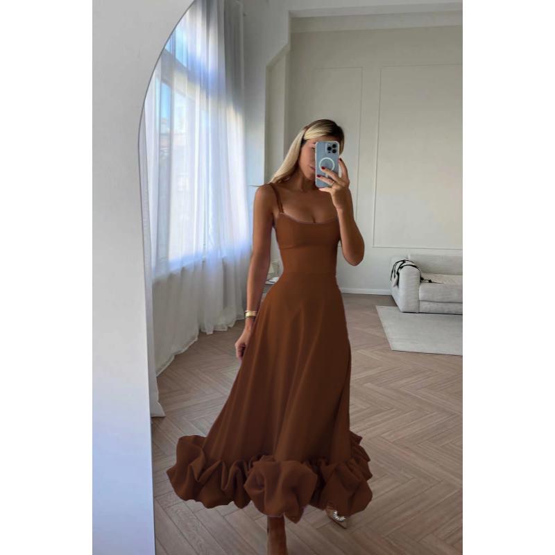 

Spring Summer Spaghetti Strap Midi Dress Square Neck Sleeveless High Waist Ruffle Flower Hem A-Line Flowy Elegant Party Wedding Bridesmaid Date XXL