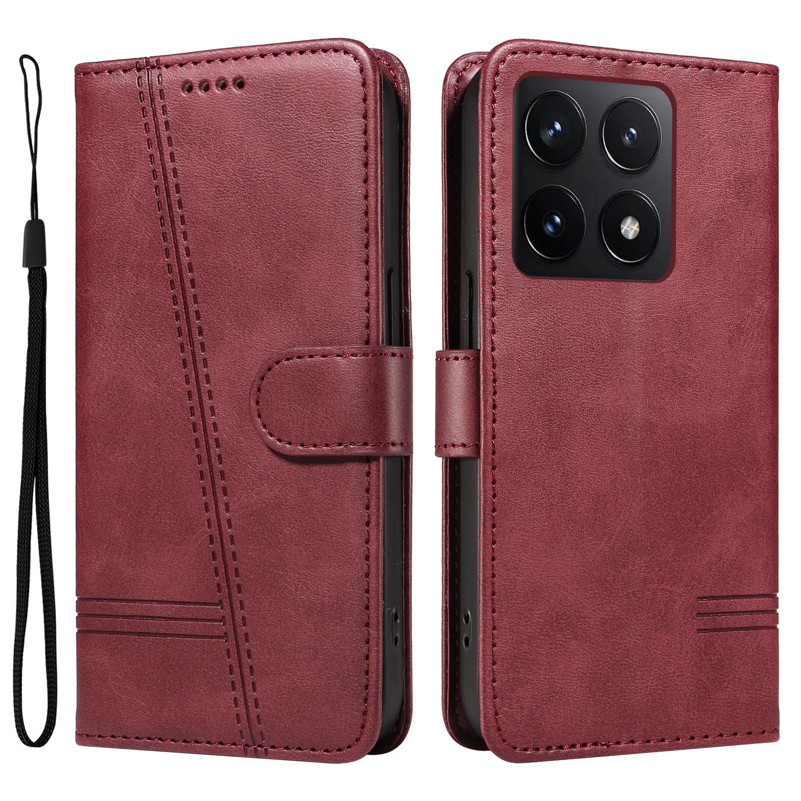 

Чохол-книжка для Xiaomi 14T зі шкіри з Т-подібними лініями Wine Red