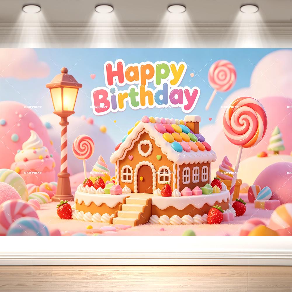 Candy Gingerbread House Children Birthday Backdrop Lollipop Macaron Rainbow Kids Sweet Party Photography Background Banner Decor