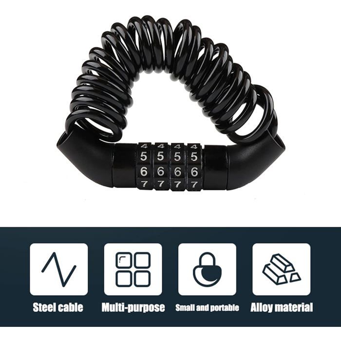 Cadenas de vélo - AIMOONSA - Cadenas à code 4 chiffres - Longueur 150 cm - Câble acier Ø3,7 mm - Cylindre alliage zinc