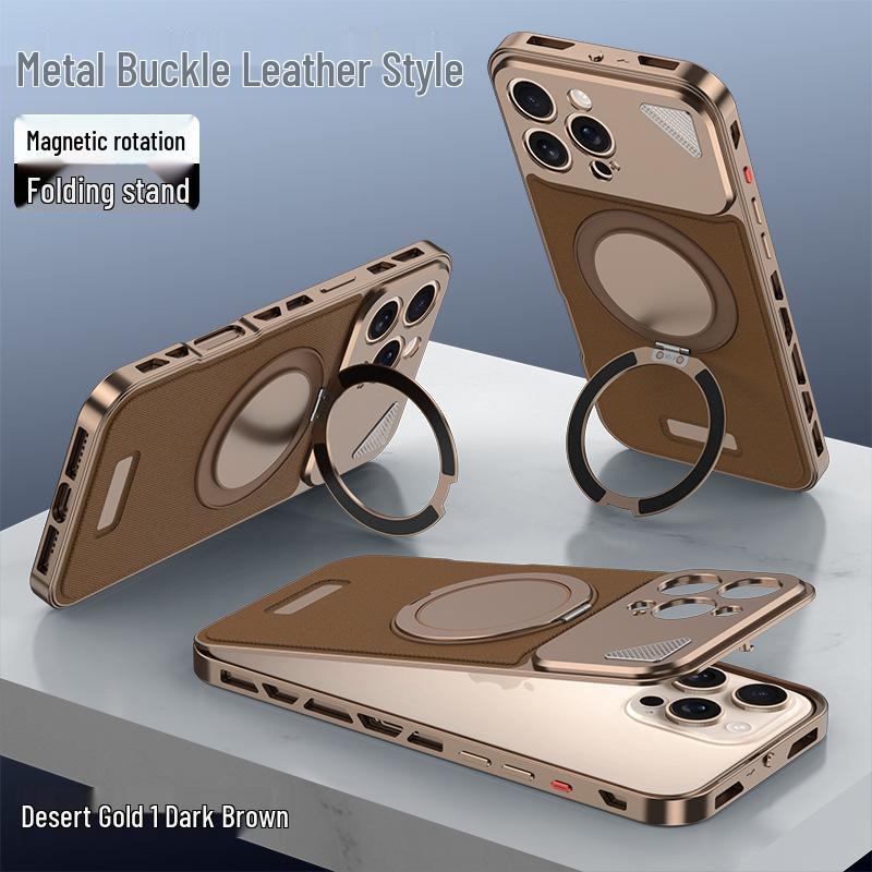 iPhone 16 Pro Max Aluminum Leather Buckle Case with Rotating Stand, Compatible with iPhone 15