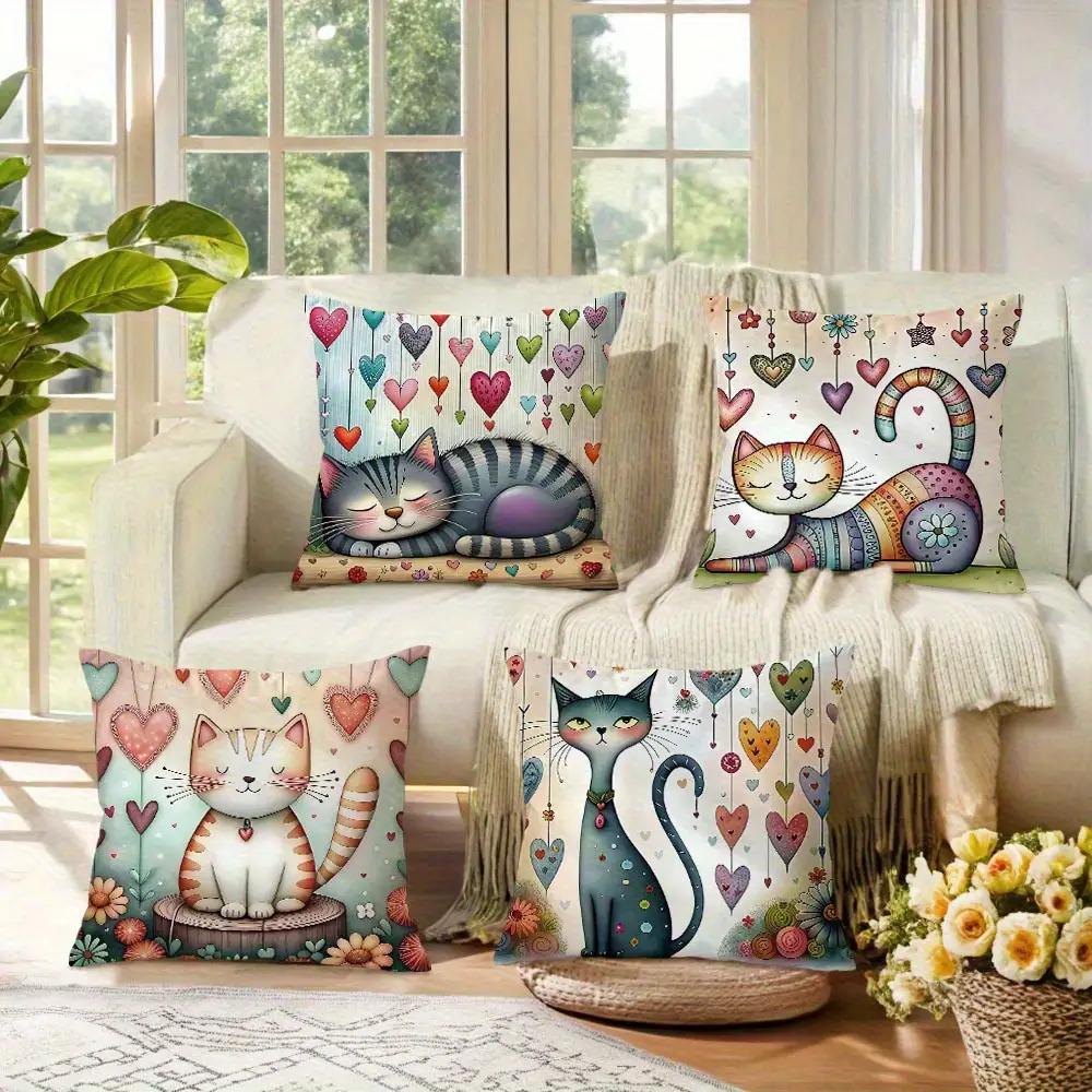 Bohemian Style for Cats Digital Printing Pillow Cover Short Plush Suitable Living Rooms Bedrooms Sofas Throw Cushion Cover 4pcs