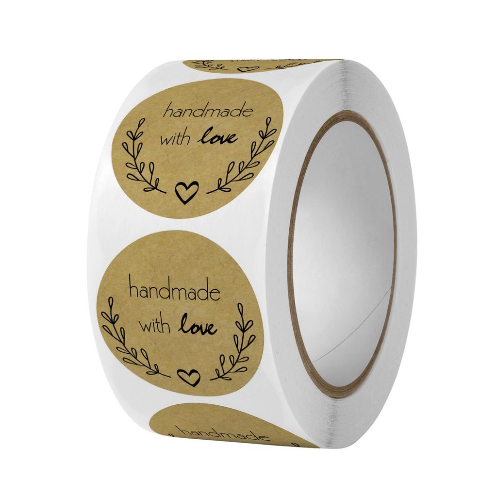 500pcs Handmade Kraft Paper Stickers - 3.81cm X 3.81cm Round Labels with "Handmade with Love" Design, Heart & Floral Patterns