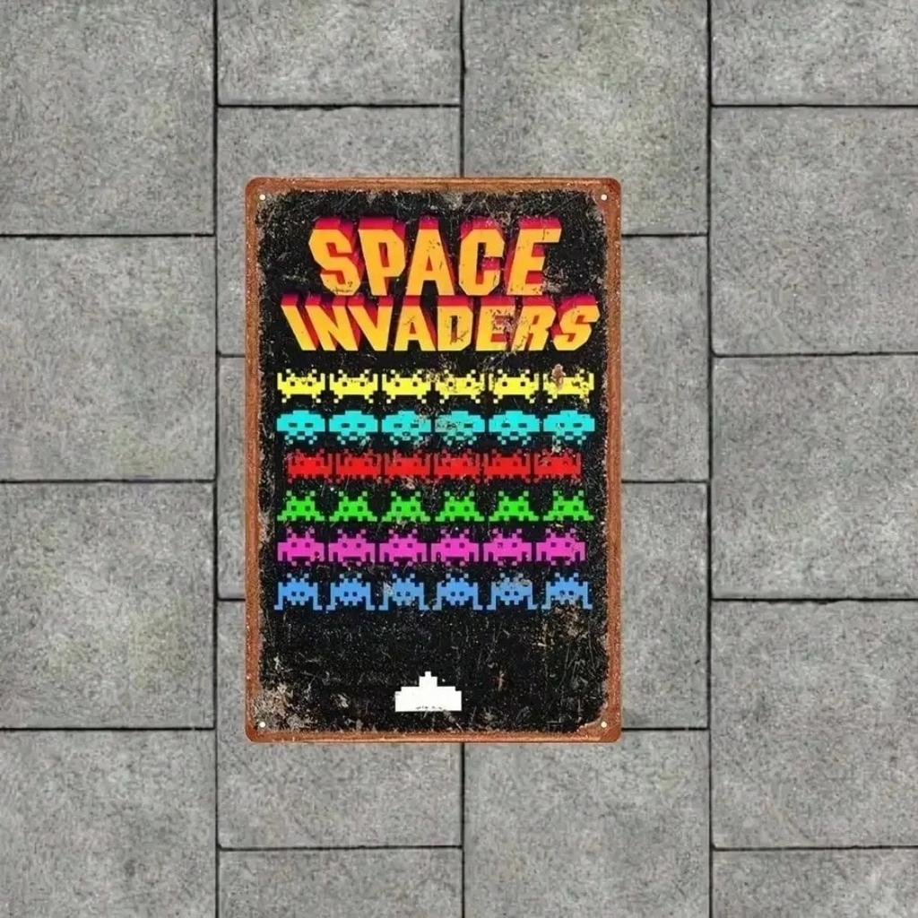 Retro Metal Wall Sign Video Game Wall Decor Art Deco Space Invaders Home Bar