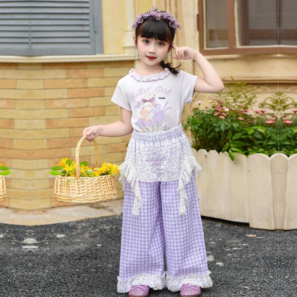 Girls' 2026 Summer Lace T-Shirt & Cake Skirt Set with Mosquito Repellent Pants