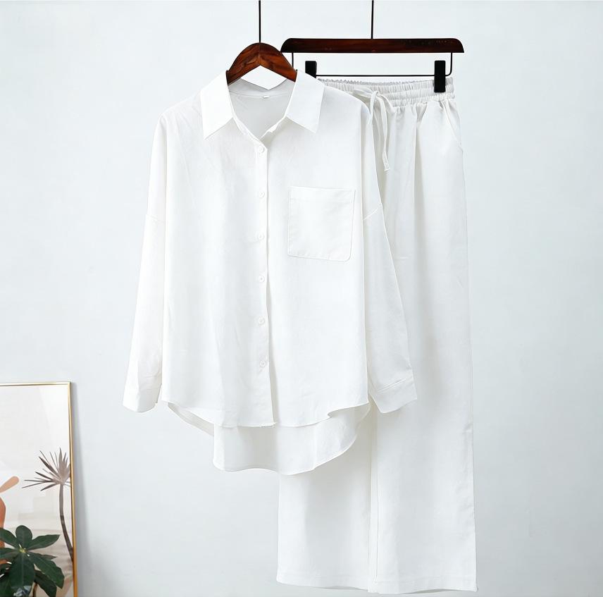 Lightweight Cotton Linen Wide-Leg Pants & Casual Loose Shirt Set - Plus Size, Spring/Autumn
