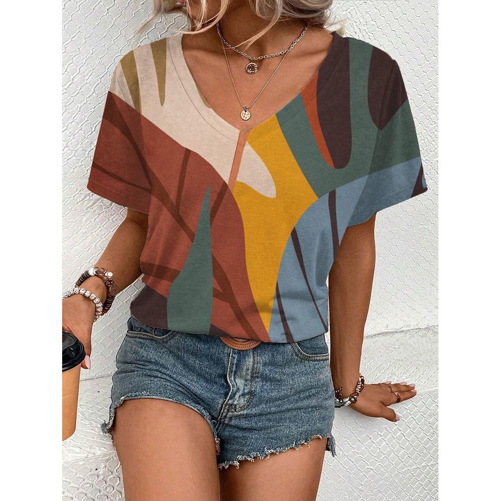 Fashionable And Simple  Summer Oversized Comfortable T-shirt Design Inspired Geometric Pattern Printed Women's V-neck Top