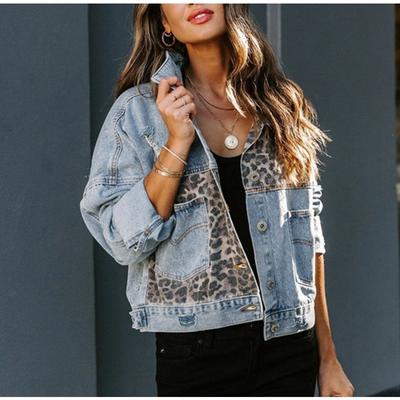 Giacca di Jeans Casual con Stampa Leopardata, Collo a Polo e Maniche Lunghe
