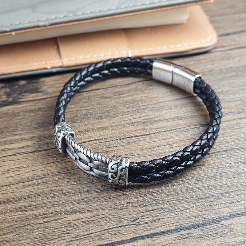Lucky Cloud Chain Pattern Leather Bracelet Simple Magnetic Buckle Stainless Steel Braided Bracelet Men's Jewelry Gift Wholesale