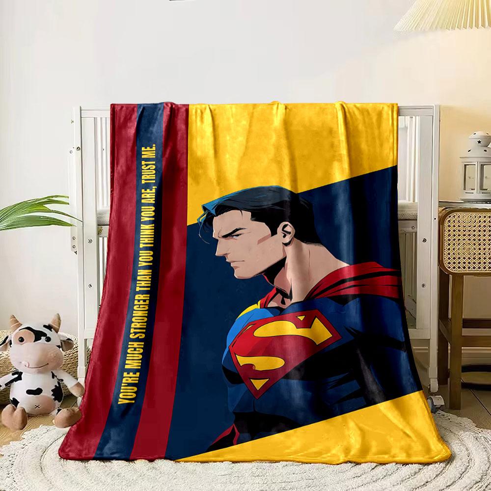 Comic-style superhero with red, blue, and yellow design elements. for all seasons blanket lunch break throw gift