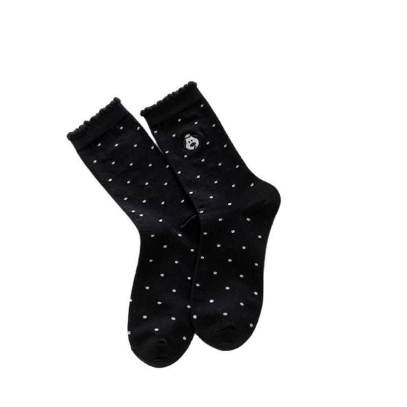 Japanese Style Women's Mid-Length Dot Puppy Embroidered Cotton Socks - Breathable & Sweat-Absorbent for Autumn & Winter