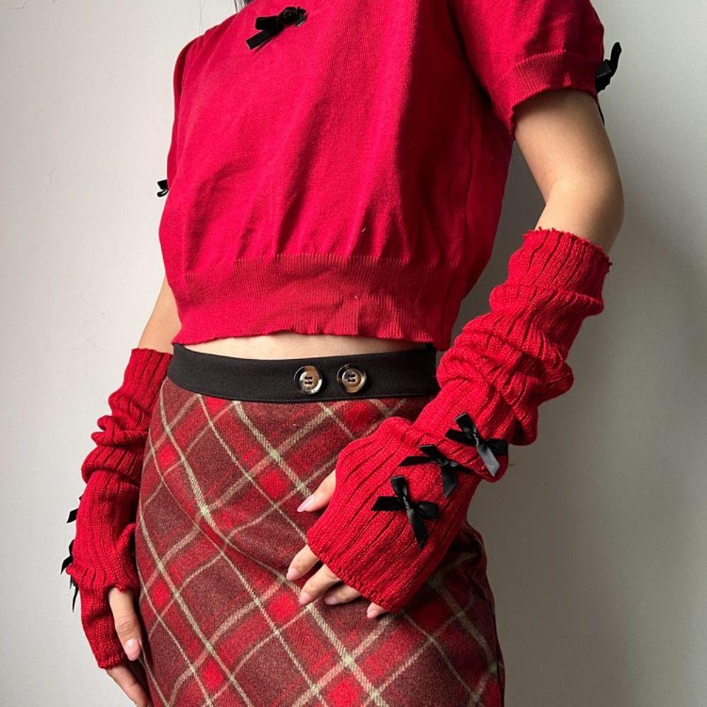 Punk Bow Fingerless Gloves Elastic Warm Sleeves Streetwear Y2K Oversleeve  Black Gothic