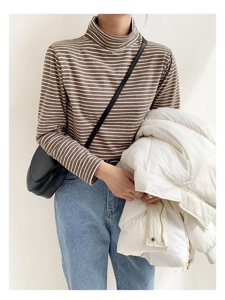 Women's Striped Half-High Neck Base Layer Top - Cozy Autumn/Winter Korean Style Innerwear