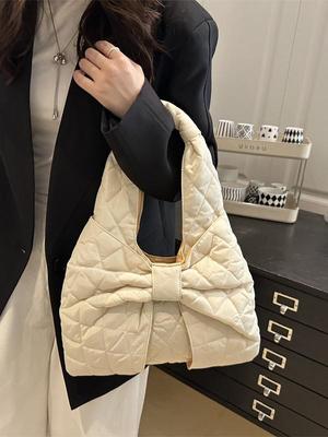 Women's Trendy Diamond Lattice Embroidered Cotton-Padded Tote Bag: Large Capacity Single Shoulder Fashion Handbag