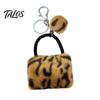 Key Ring with Pompom Leopard Print Plush Handbag Keychain, Mini Bag Pendant Retro Style Keychain Pompom, Backpack Decorative Accessory for Women Girls