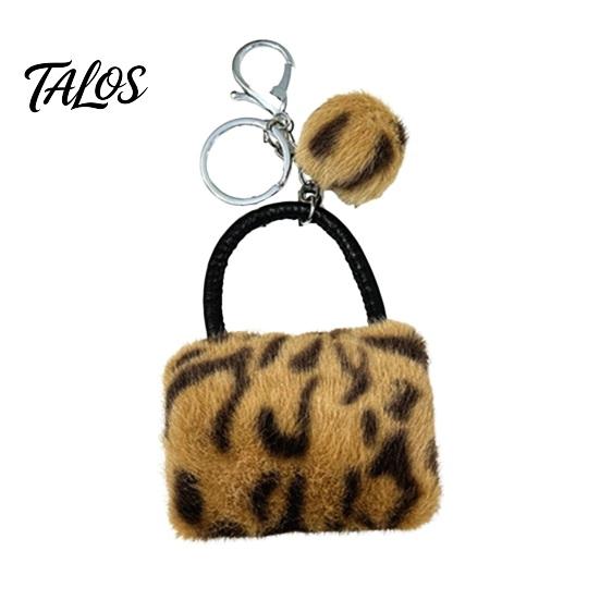 Key Ring with Pompom Leopard Print Plush Handbag Keychain, Mini Bag Pendant Retro Style Keychain Pompom, Backpack Decorative Accessory for Women Girls