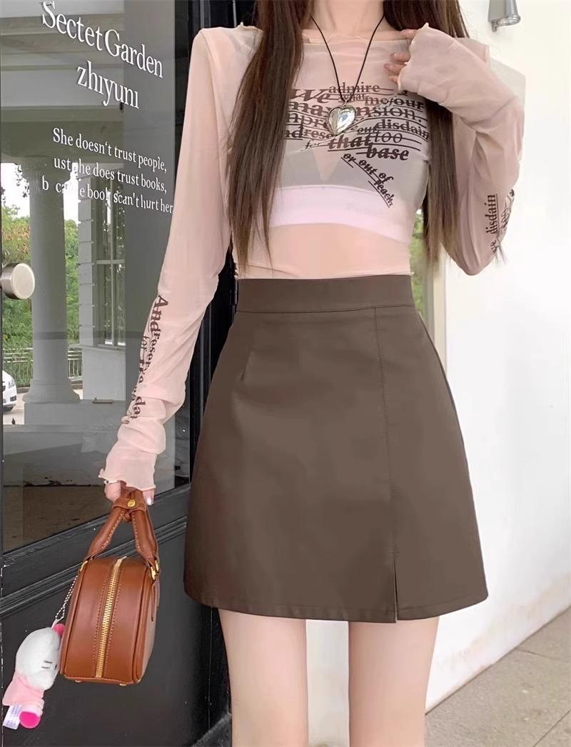 Women s PU Leather Skirt - 2025 Autumn/Winter High-Waist A-Line Slim Fit S кофейный