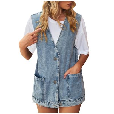 (Hcj)Lässige Jeansweste für Damen, große Tasche, ärmellose Weste