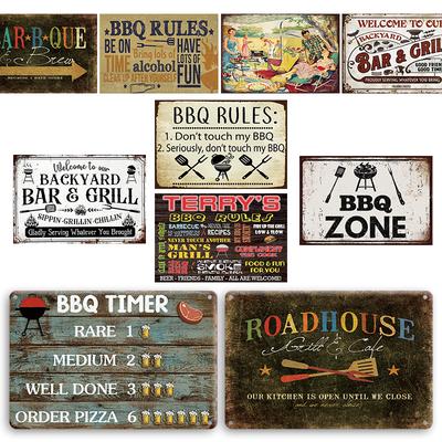 Vintage BBQ Rules Metal Poster Tin Sign Perfect Gift Retro Barbecue Art Poster Metal Signs for Backyard Bar Garden Wall Deocor