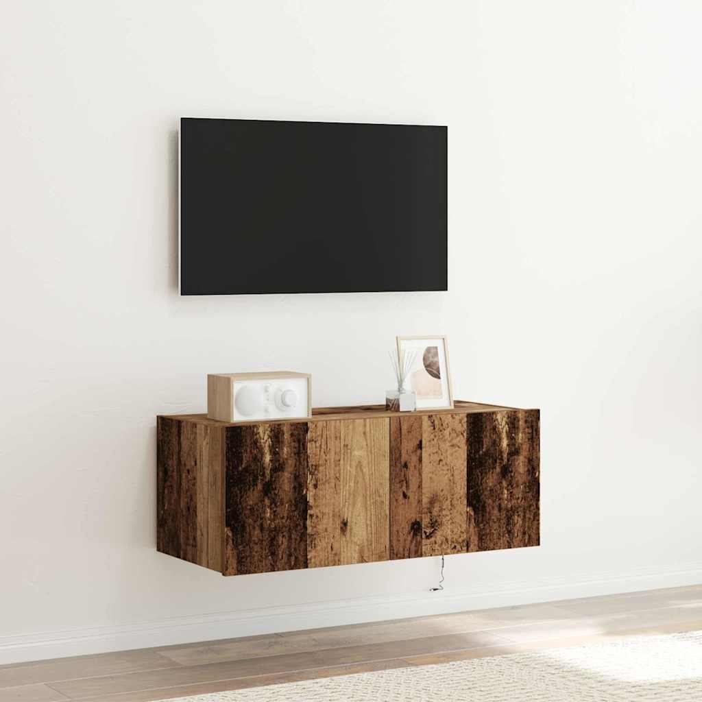 Wall Mounted TV Cabinet with LED Lighting Reclaimed Wood Look 80 x 35 x 31 cm Engineered Wood