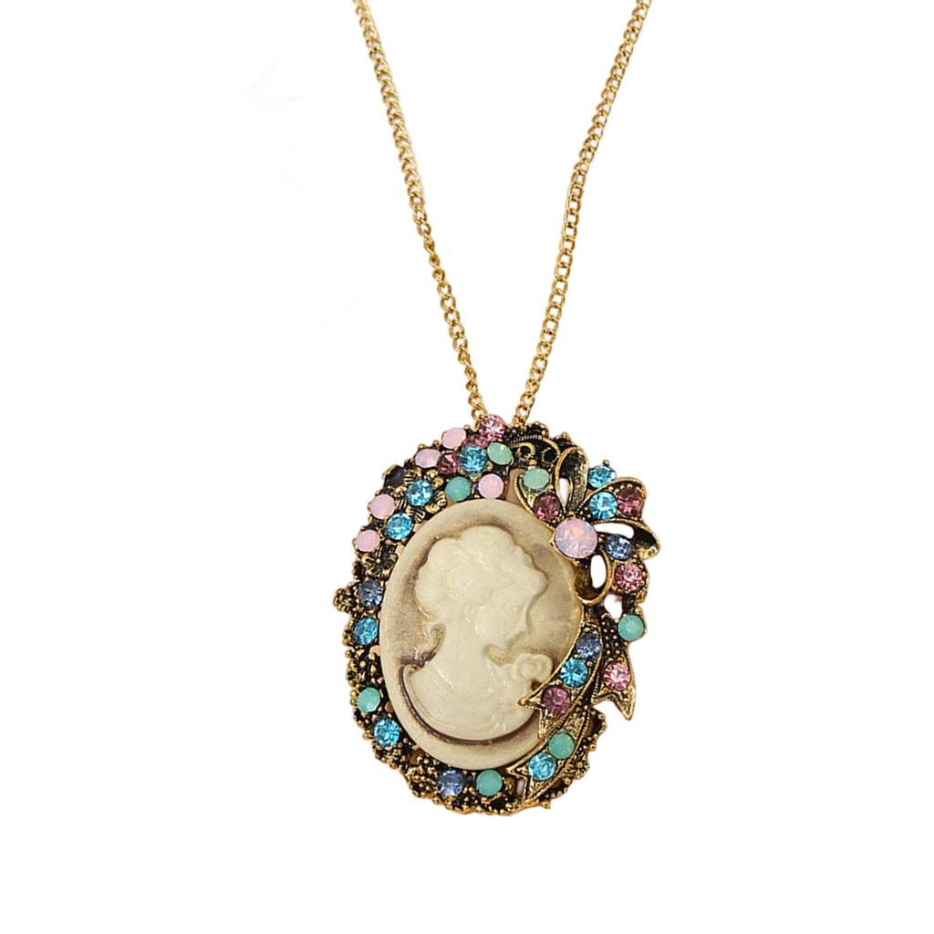 Oval Cameo Pendant Necklace with Crystal Rhinestones Handmade Vintage Jewelry Accessory Stylish Outfit Enhancer