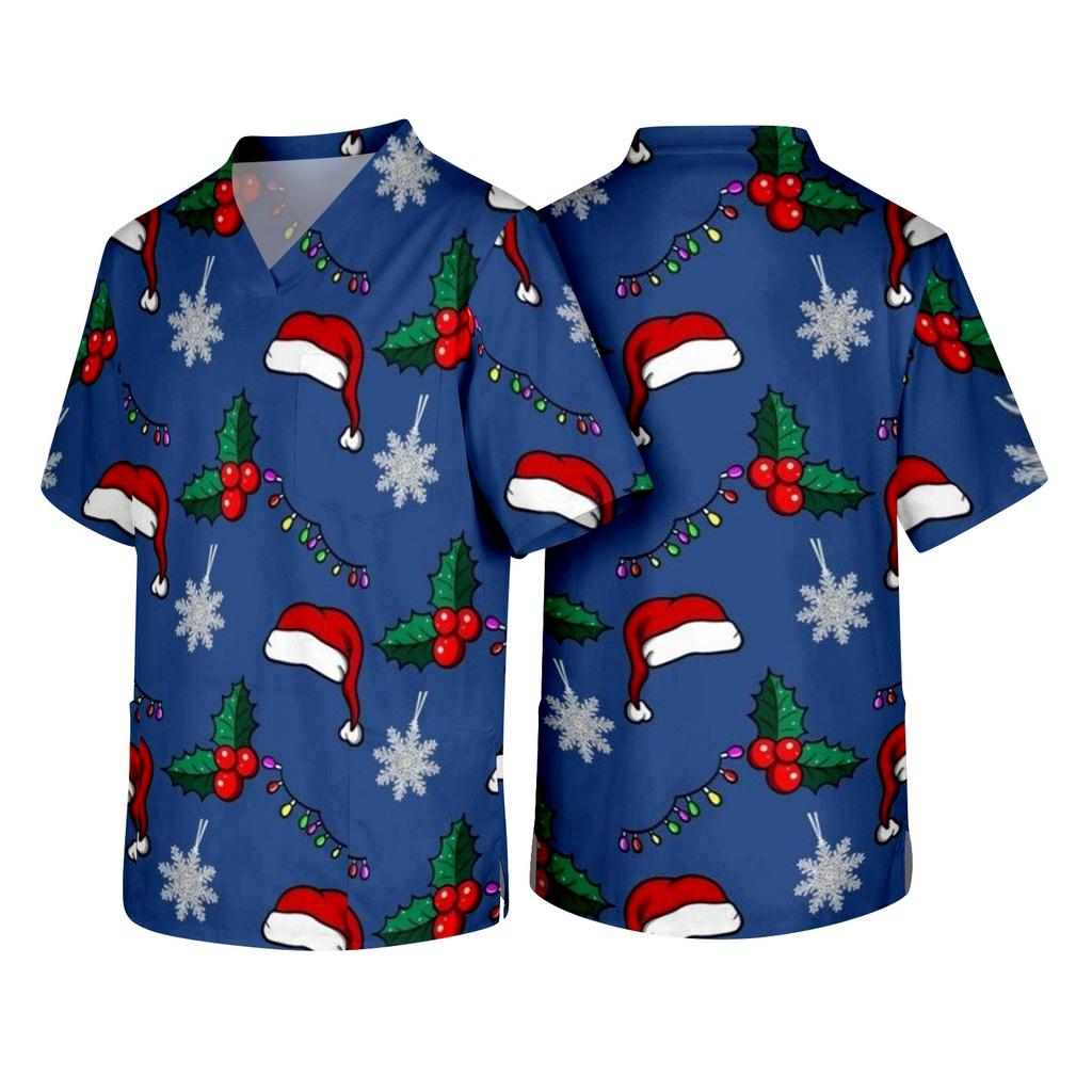 Men's Christmas Theme Caregiver Uniform, Holiday Scrub Top for Nurses and Workers