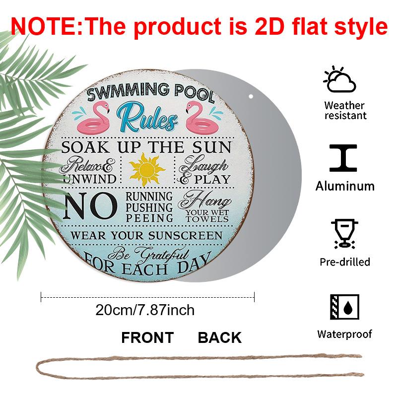 2D Flach, 1 Stück 7,87x7,87 Zoll Rundes Französisches Aluminiumschild, Vintage Dekorative Plakette für "Poolregeln", "Pool-Erinnerung" Dekoschild, Geeignet für