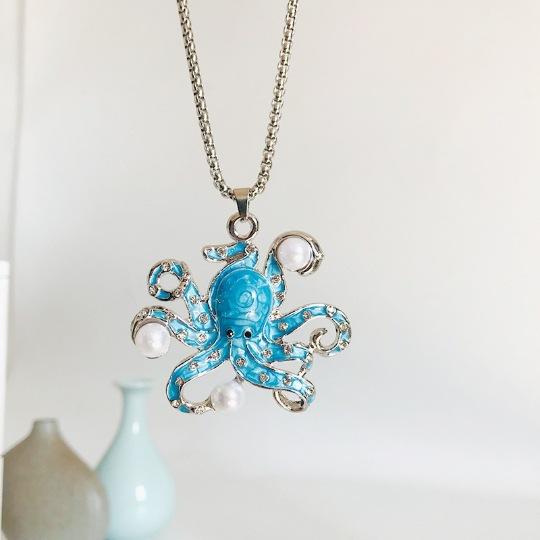 Octopus pendant creative cute octopus oil necklace inlaid with imitation pearl enamel new item decoration