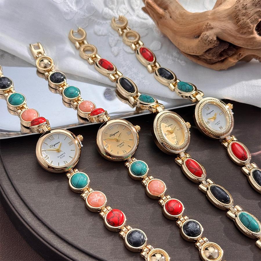 LP74 Exquisite Colorful Turquoise Bracelet Women's Watch Vintage Round Stone Embedded Quartz Watch Fashion Wristwatch for Ladies