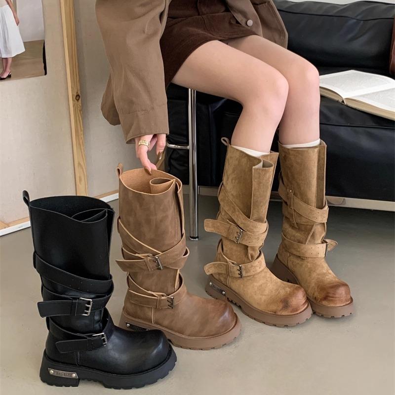 Vintage polished thick-heeled knight boots women's 2025 new platform-soled long boots high street cool drag motorcycle boots medium boots