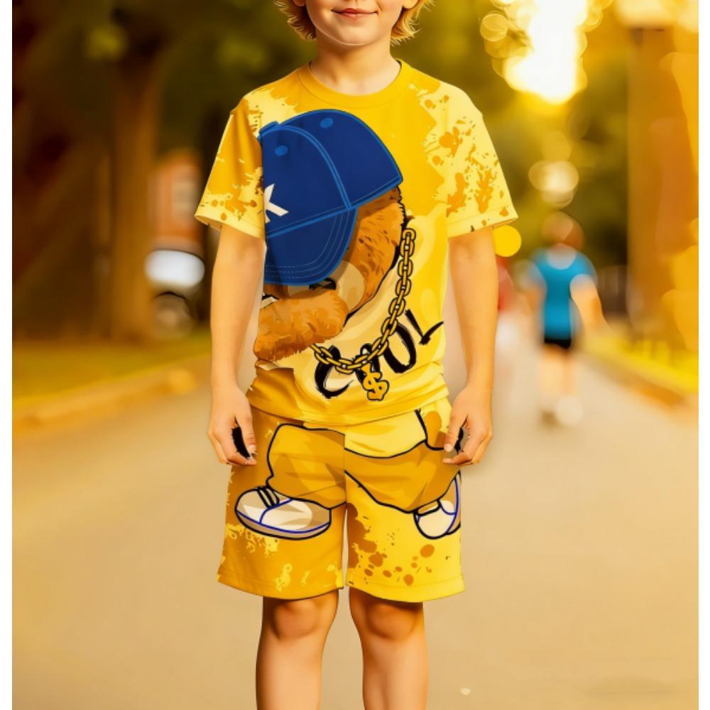 Europe and America Funny Bear Fashion Men's Set Summer Men's T-shirt and Shorts 2 Piece Set Outdoor Casual Men's and Women's Outfit