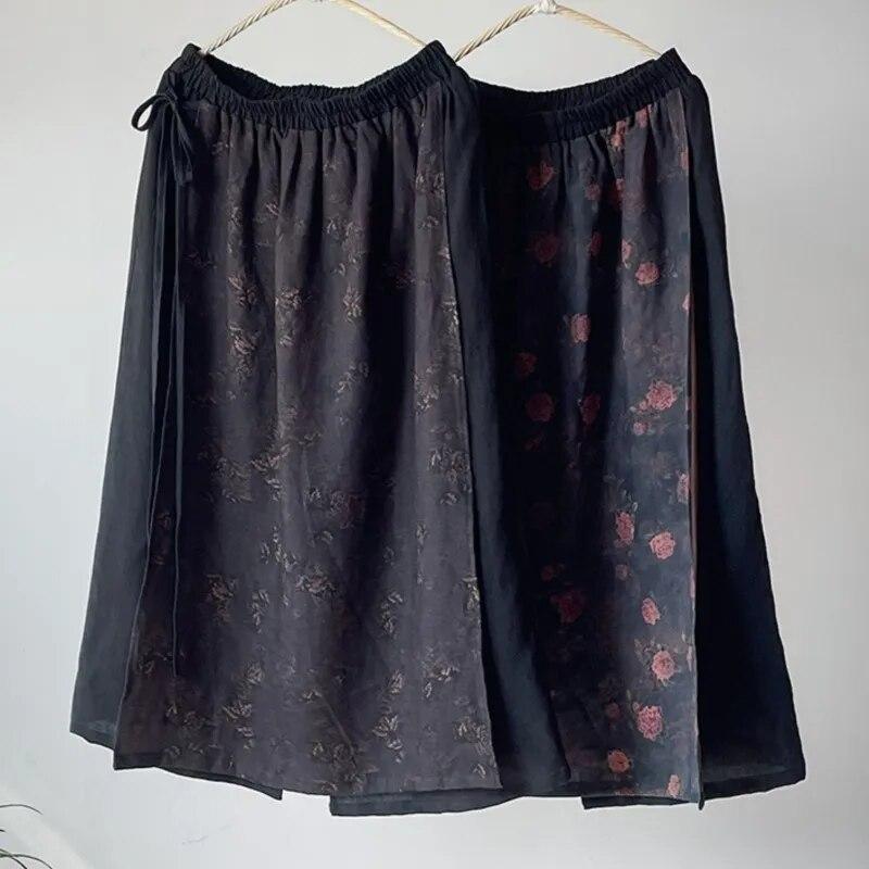 Johnature Women Vintage Linen Patchwork Print Floral A-Line Skirts Elastic Waist Clothes Autumn Chinese Style Skirts