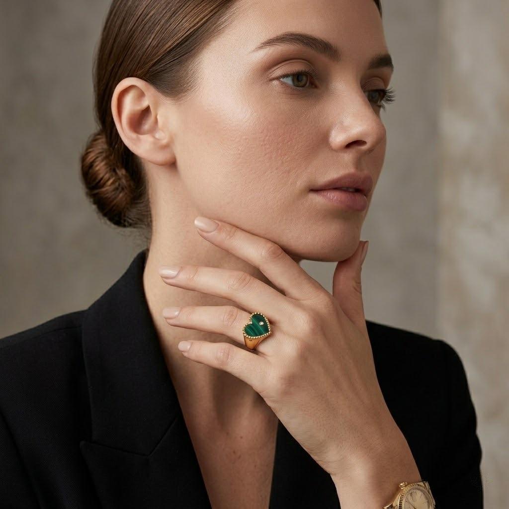 925 Silver Gold Plated Malachite Heart Ring Women Diamond Accent Jewelry Gift