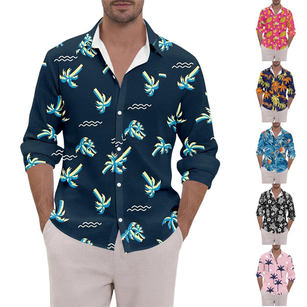 Men's Clothing Long Sleeve Hawaiian Shirt for Men Casual Button Down Shirts for Men Lightweight Floral Design