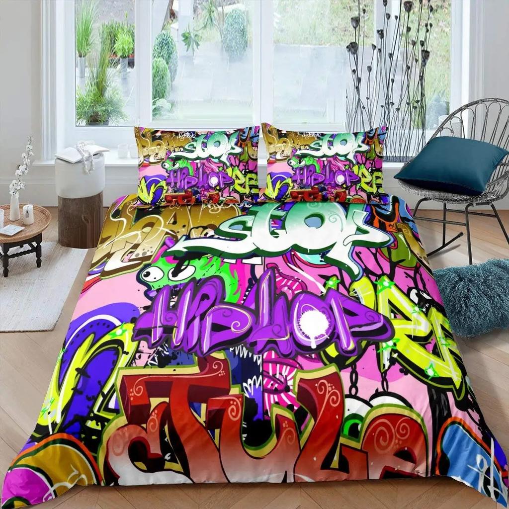 Hip Hop Bettbezug King Queen Size Farbe Street Culture Wand Graffiti Kunst Rockmusik Sport Polyester Bettwäsche Set für Kind Teenager