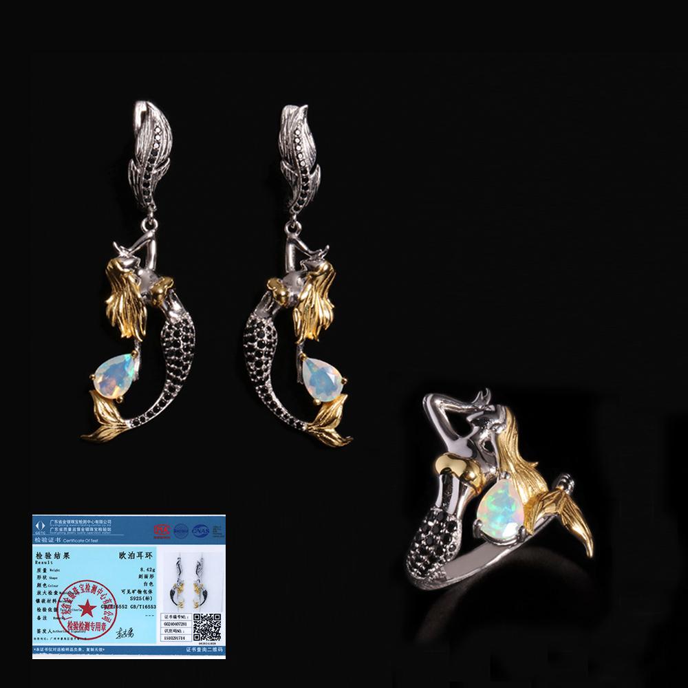 

Женский комплект ювелирных изделий из натурального опала с камнем, рожденным в октябре, из серебра 925 пробы, кольцо и серьги, изысканный наряд для банкета и юбилея US RING SIZE:10# разноцветный