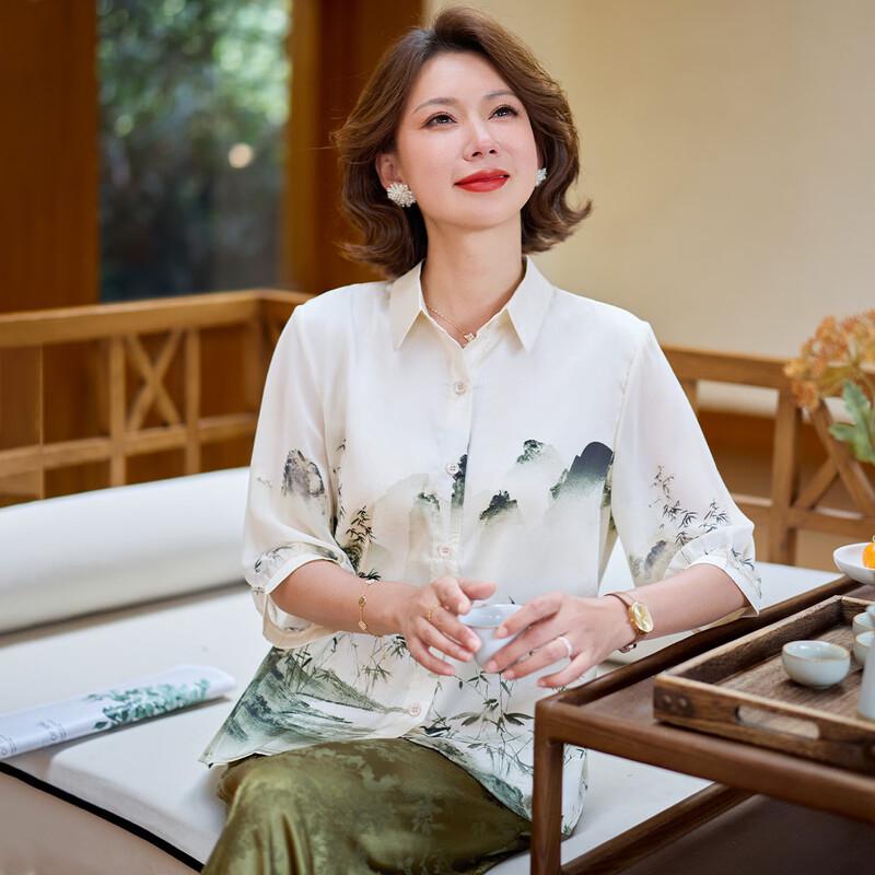 Qianlian Sommer Oberteil im chinesischen Stil mit Aufdruck und Kragen für Frauen mittleren Alters