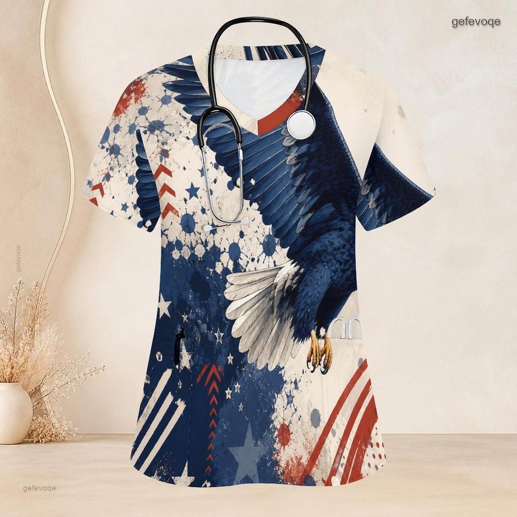 Women Plus Size Nurse Scrub Top V Neck Short Sleeve Navy Blue Fireworks Print With Front Pockets