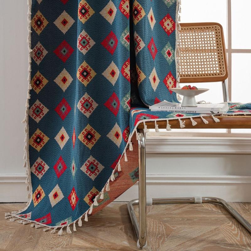 Bohemian Style Curtains Blue Geometric Jacquard Fringe Valance Home Bedroom Living Room Balcony Decorative Curtains