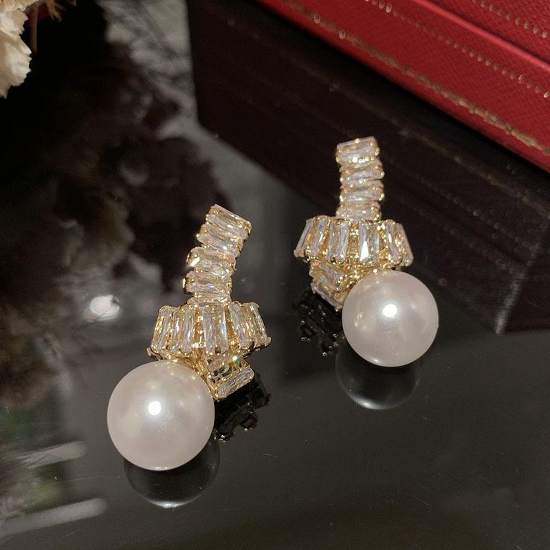 Cercei cu nod de perle din zirconiu cubic de modă din Coreea pentru fete Cercei cu știfturi de vară dulce, bijuterii de nuntă de lux