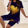 Women Plus Size 2 Piece Set Crew Neck Short Sleeve Side Slit Top Biker Shorts Purple Galaxy Golden Heart Print Outfit