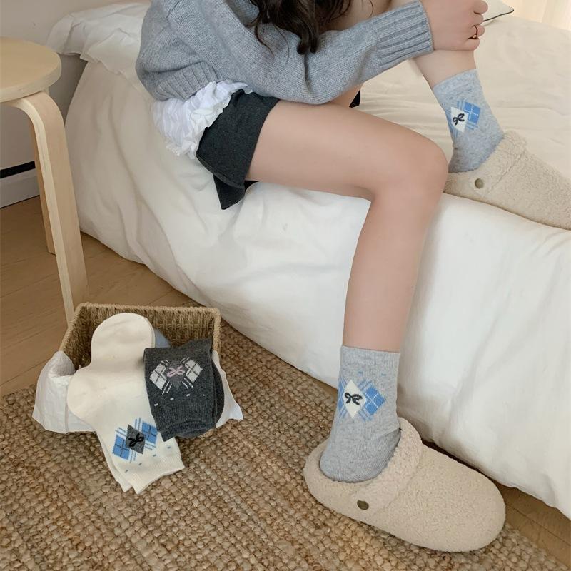 Rhombus Plaid Bow Wool Socks Children'S Wind Thickened Warm Retro Stacking Socks