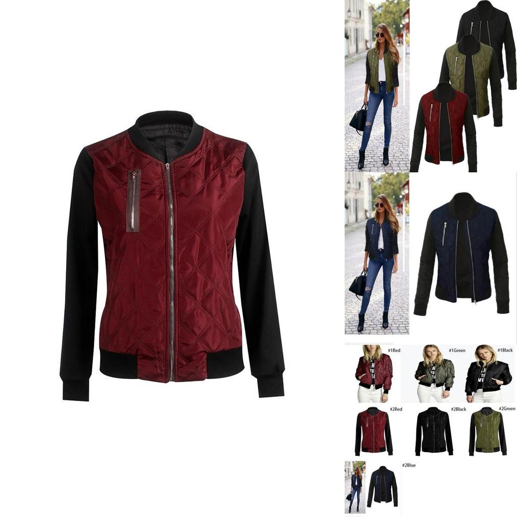 Stylish Womens Classic Padded Bomber Jacket Vintage Zip Biker Coat Long Sleeves